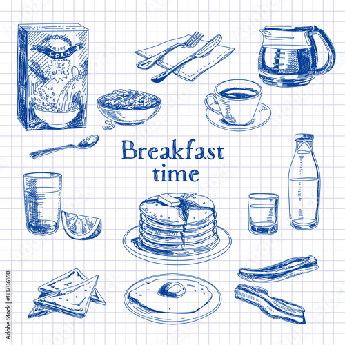 Vector breakfast hand drawn set. Vintage illustration. 