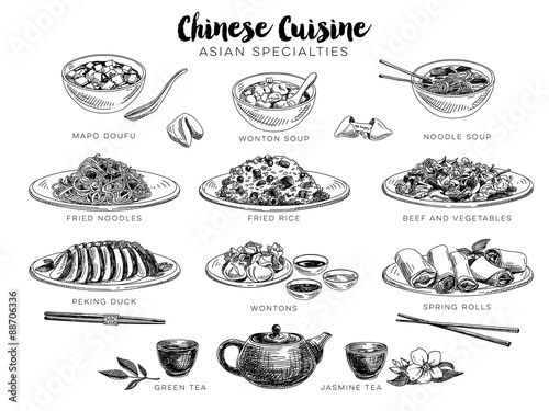 Vector hand drawn illustration with chinese food. 