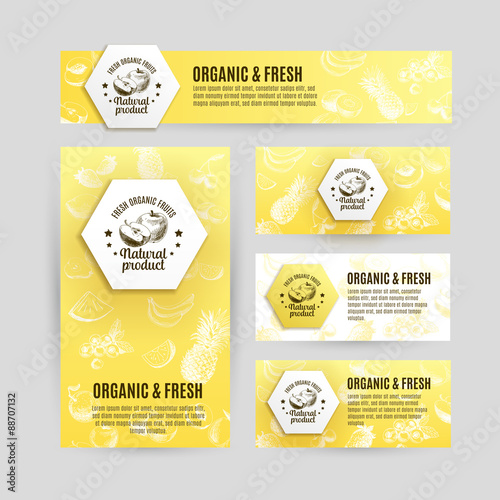 Vector banners set  with hand drawn fruits .Fruits illustration.