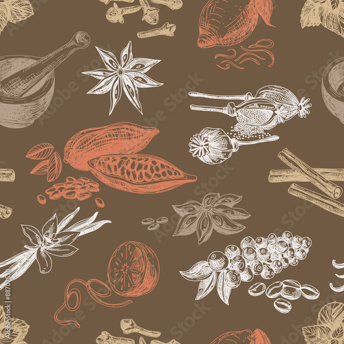 Vector seamless pattern with spices. Repeating background.