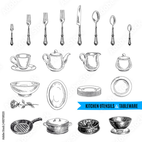 Vector hand drawn illustration with kitchen tools.