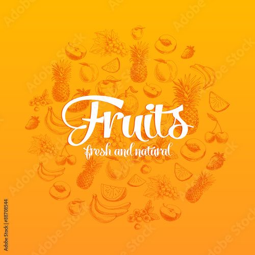 Hand drawn vector illustration with fruits and berries. 