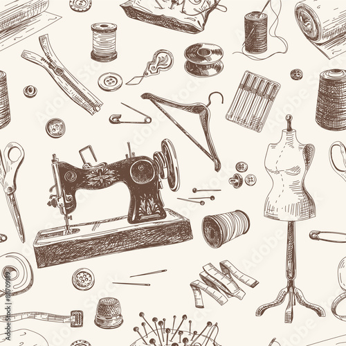 Vector seamless pattern with hand drawn sewing and knitting tool