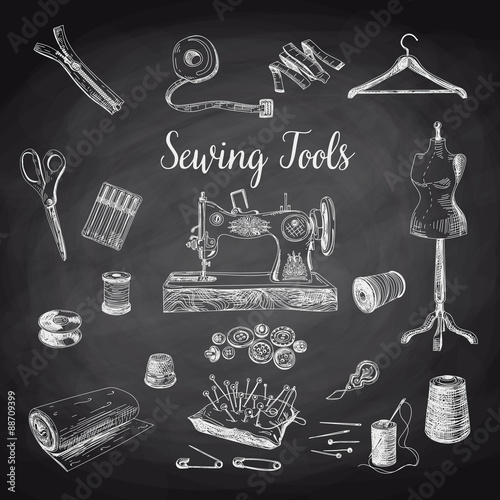 Vector set of highly detailed hand drawn sewing and knitting too