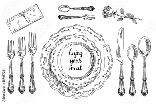 Vector hand drawn illustration with Table setting set. 