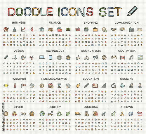 Hand drawing line icons. Vector doodle pictogram set: color pen sketch sign illustration on paper. Web, app, mobile, business, finance, technology, time, medical, education, arrow, sport, transport