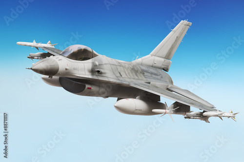 Foto Military F16 fighter jet close up soaring through the air