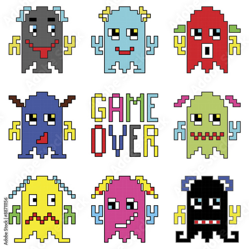 Pixelated robot emoticons with game over sign inspired by 90's computer games showing different emotions     © zozodesign