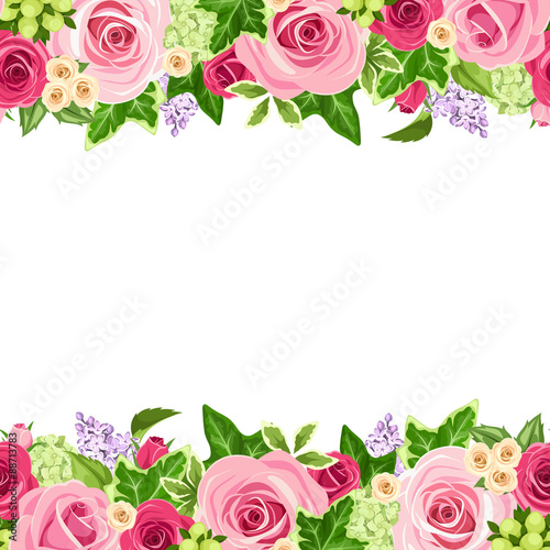 Horizontal seamless background with red and pink roses. Vector.