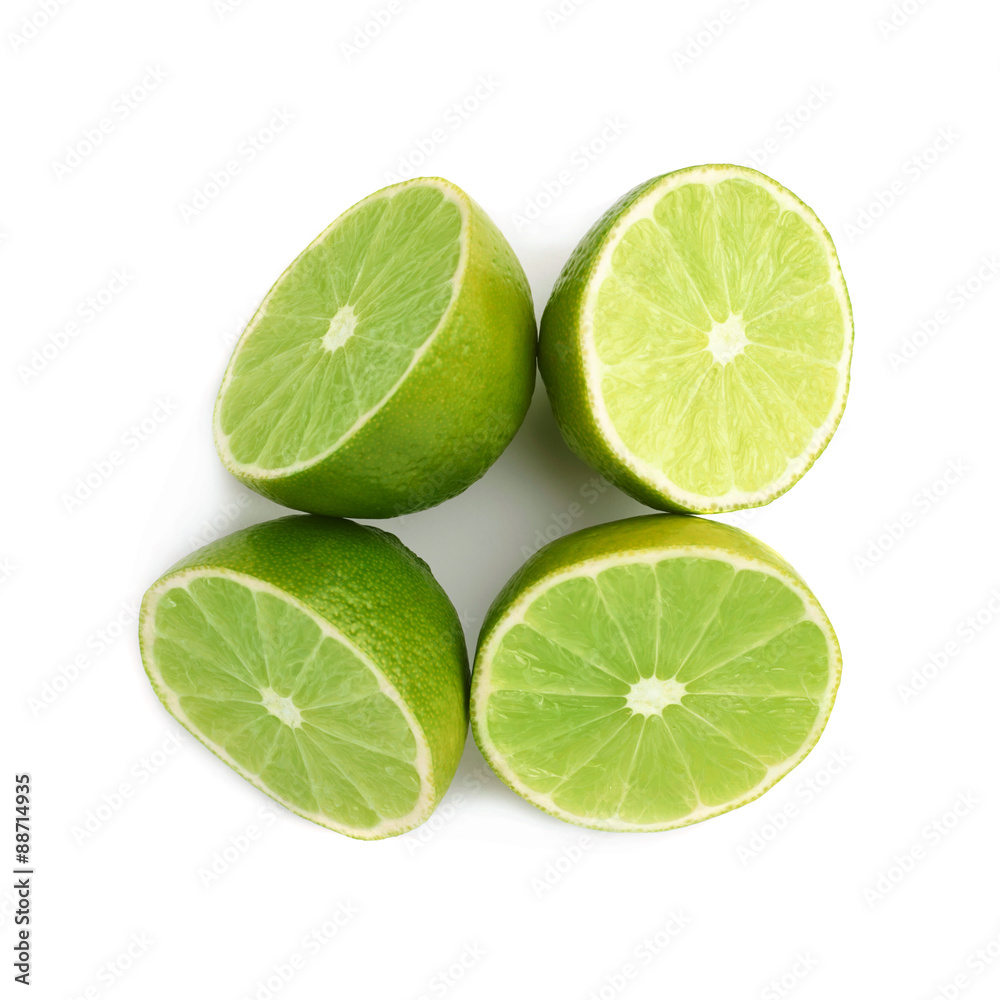 Four halves of a lime fruit isolated over the white background