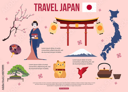 Japan travel background with place for text. Set of colorful