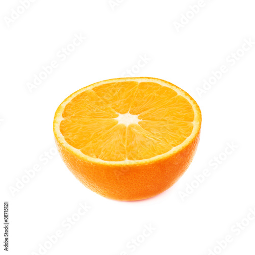 Ripe orange cut in half isolated over the white background
