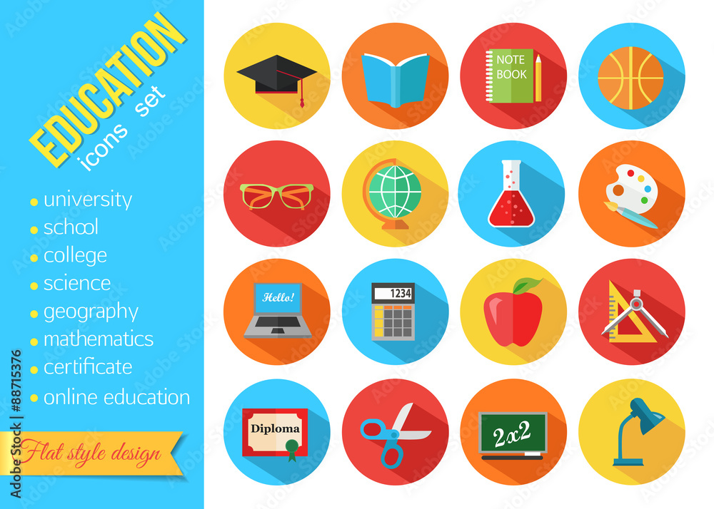 Set of flat school and education icons set. 