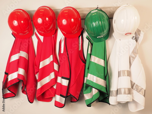 Photo Wall hanger with vest and helmets for a emergency warden team, Melbourne 2015
