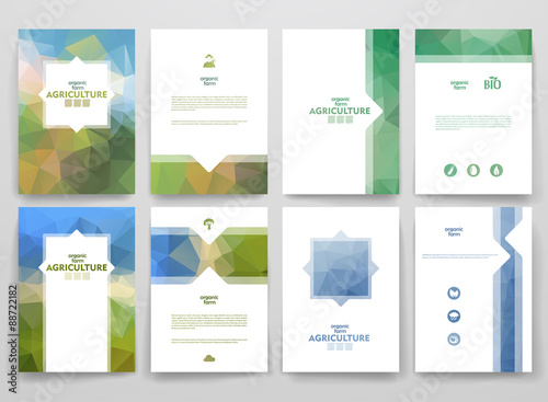Set of brochures in poligonal style on Agriculture theme. 