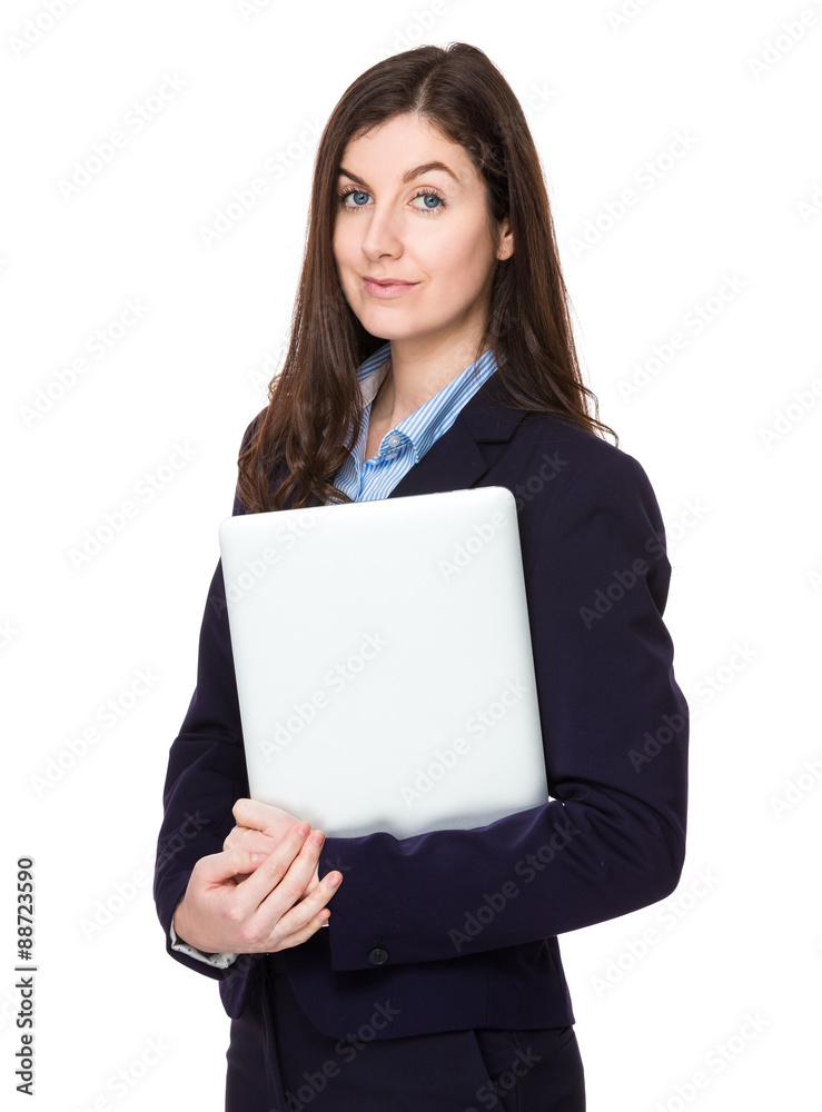 Caucasian businesswoman hold with notebook computer Caucasian businesswoman hold with notebook computer