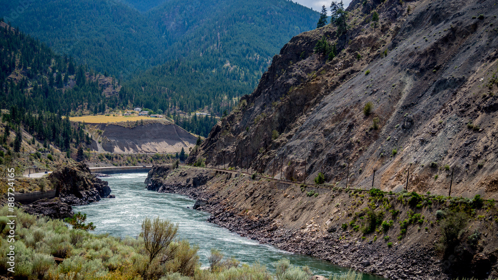 The Fraser River as it winds its way through the Fraser Canyon to the Pacific Ocean. The canyon is an important corridor for both rail and truck/car traffic to the west coast