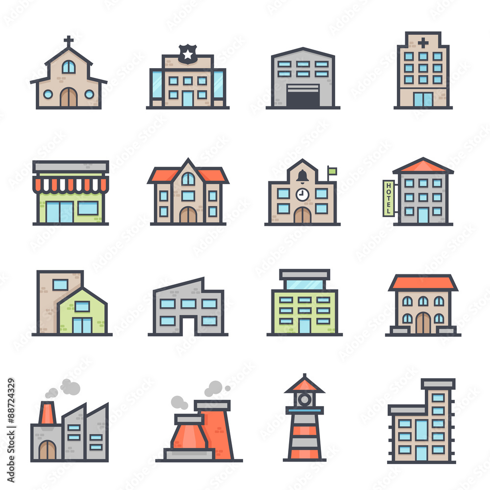 Building Icon Bold Stroke with Color on White Background. Vector Illustration