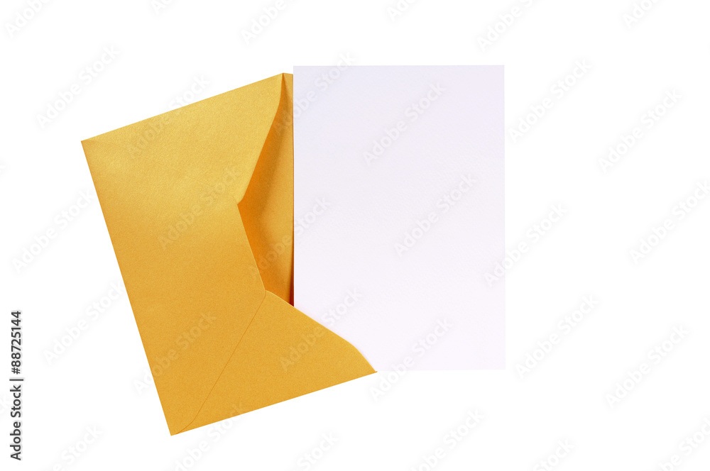 Gold or manila brown envelope with blank white greeting card invite invitation or thank you note photo isolated on white background Gold or manila brown envelope with blank white greeting card invite invitation or thank you note photo isolated on white background