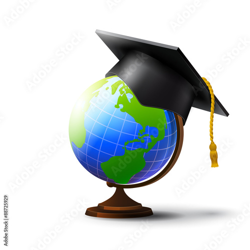 Globe and hat masters degree  isolated on white background.