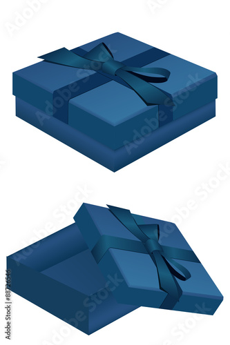 Closed and open gift box with blue ribbon bow on the cover