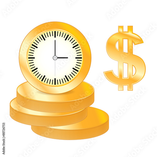Time is money - golden coins, dollar sign and a clock