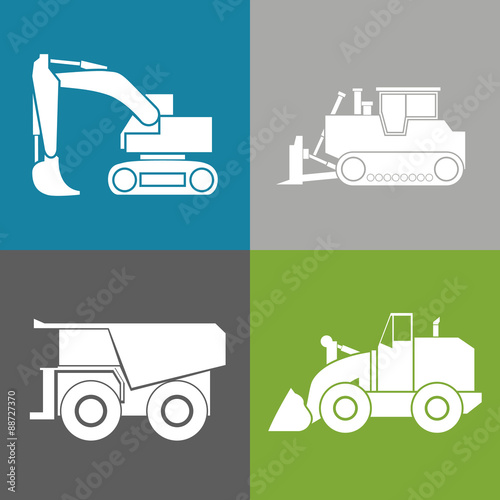 Tractor, excavator, bulldozer, crawler set , Wheeled and continuous track with blade and backhoe.
