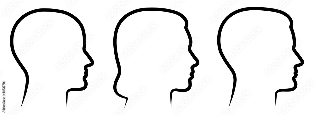 Set: 3 menschliche Vektor-Gesichter im Profil: weiblich, männlich, geschlechtsneutral / Vektor, handgezeichnet, schwarz-weiß
