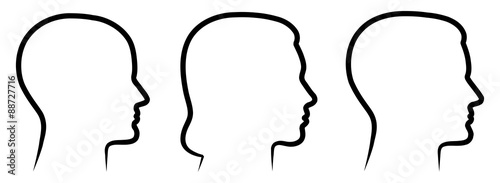 Set: 3 menschliche Vektor-Gesichter im Profil: weiblich, männlich, geschlechtsneutral / Vektor, handgezeichnet, schwarz-weiß