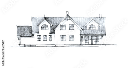 sketch of a two storey house front with columns