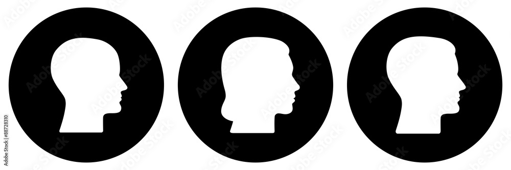 Rundes Button-Set: 3 menschliche Vektor-Gesichter im Profil: weiblich, männlich, geschlechtsneutral / Vektor, schwarz-weiß Rundes Button-Set: 3 menschliche Vektor-Gesichter im Profil: weiblich, männlich, geschlechtsneutral / Vektor, schwarz-weiß