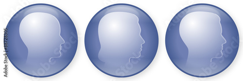 Blaues, rundes Button-Set: 3 menschliche Vektor-Gesichter im Profil: weiblich, männlich, geschlechtsneutral / Vektor