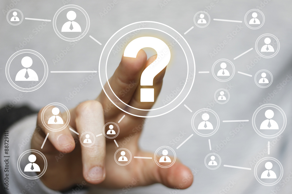 Businessman touch button web sign question icon Businessman touch button web sign question icon