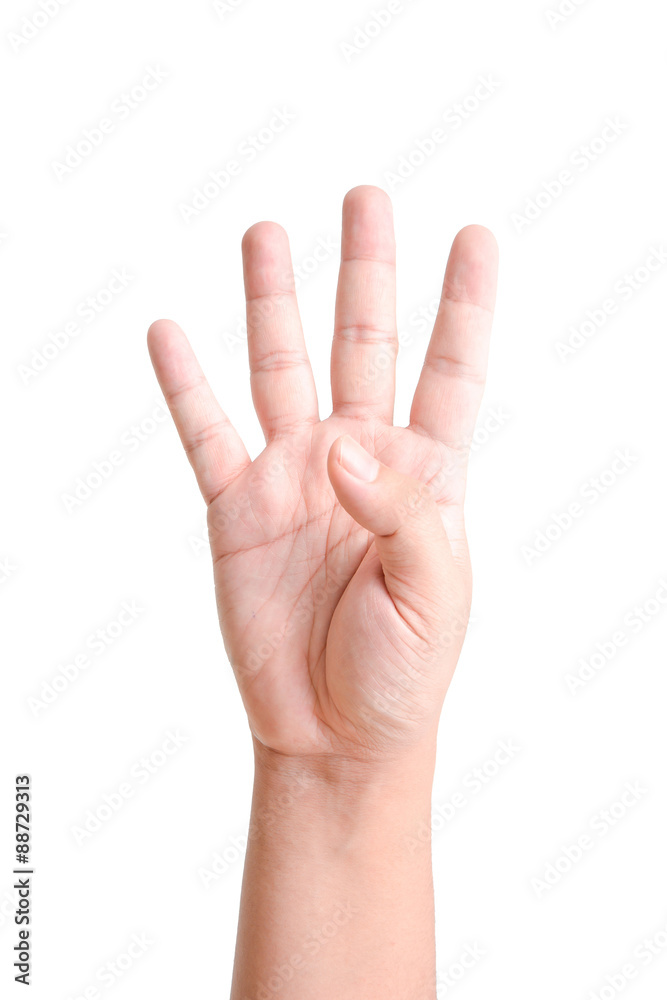Hand with four fingers up isolated on white Hand with four fingers up isolated on white