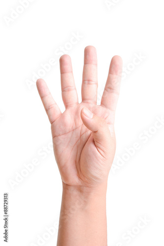 Hand with four fingers up isolated on white