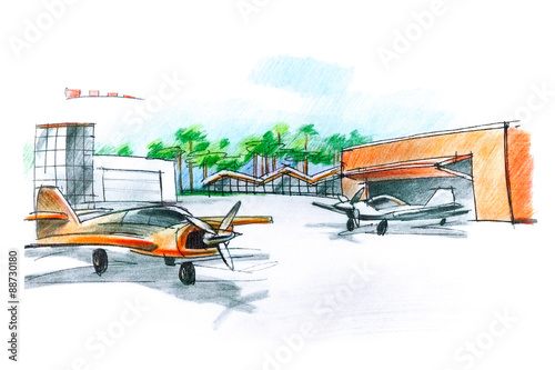 sketch of an airfield for small aircraft with planes and hangar