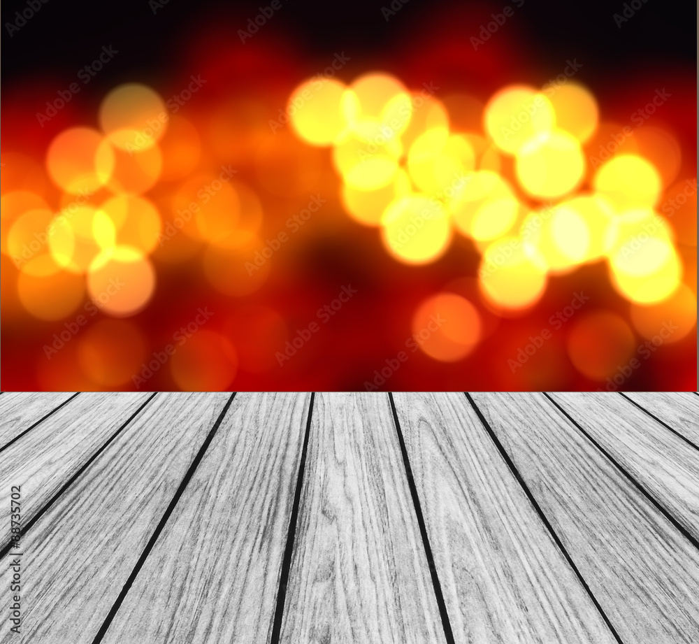 Empty Wooden Perspective Platform with Sparkling Abstract Blur Bokeh used as Template to Mock up for Display Product