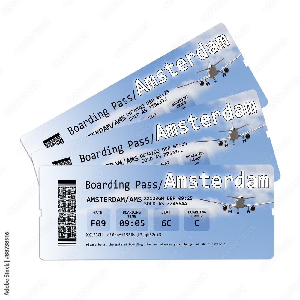 Airline boarding pass tickets to Amsterdam isolated on white Stock