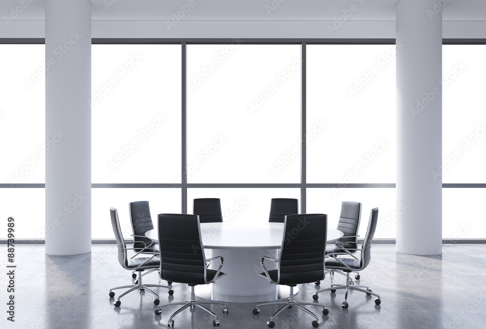 Panoramic conference room in modern office, copy space view from the windows. Black chairs and a white round table. 3D rendering.