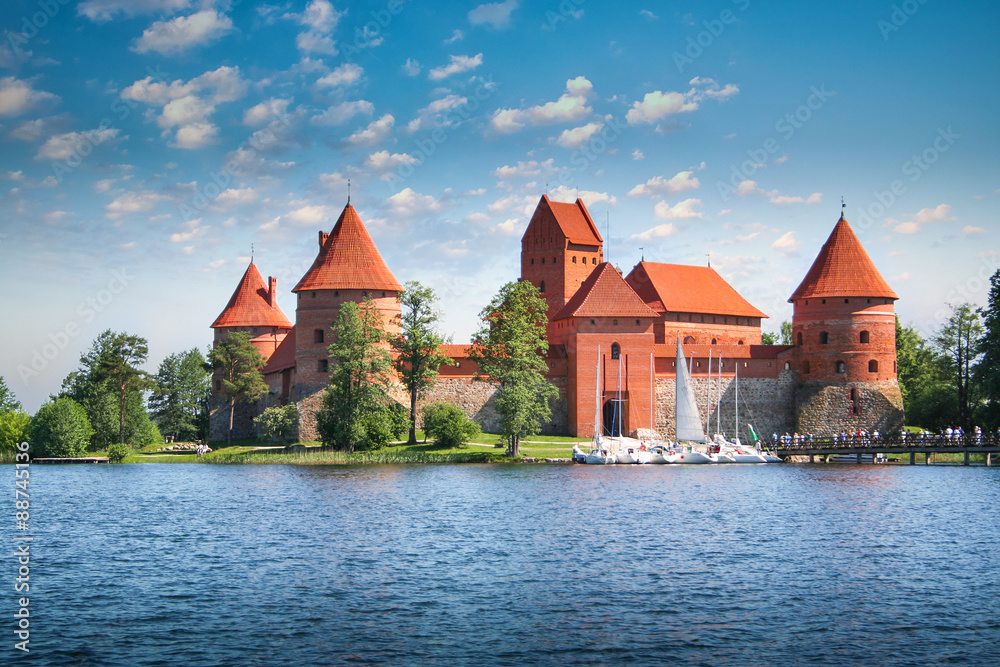  Galve Lake,Trakai old red bricks castle. Lithuania, Europe.