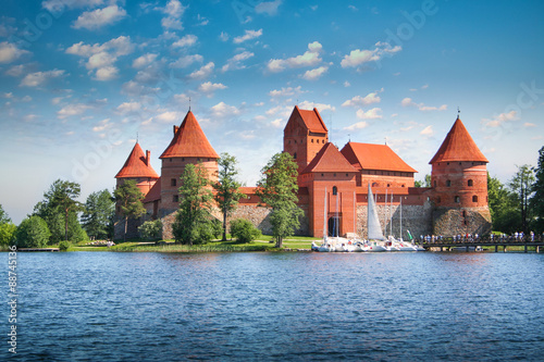  Galve Lake,Trakai old red bricks castle. Lithuania, Europe.