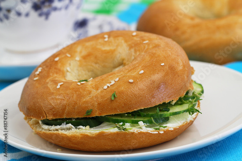 Bagel with cream cheese and cucumber 