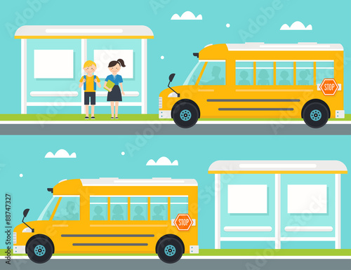 Schoolboy and Schoolgirl Waiting for School Bus at Bus Stop. School Bus Leaving Bus Stop