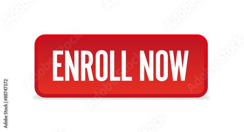 Enroll now red three-dimensional square button isolated on white background