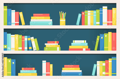 Bookcase Shelves with Books of Different Size and Color