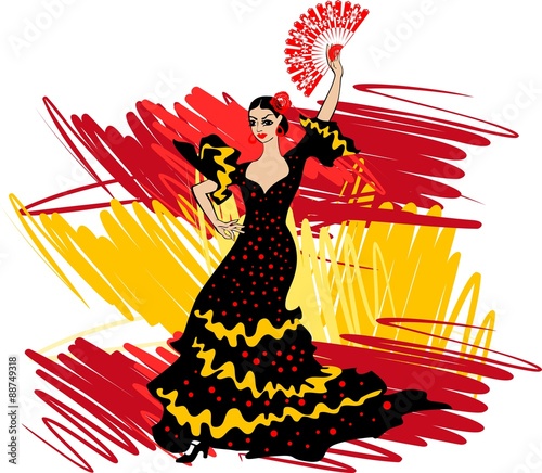 Flamenco dancer over Spanish Flag Background