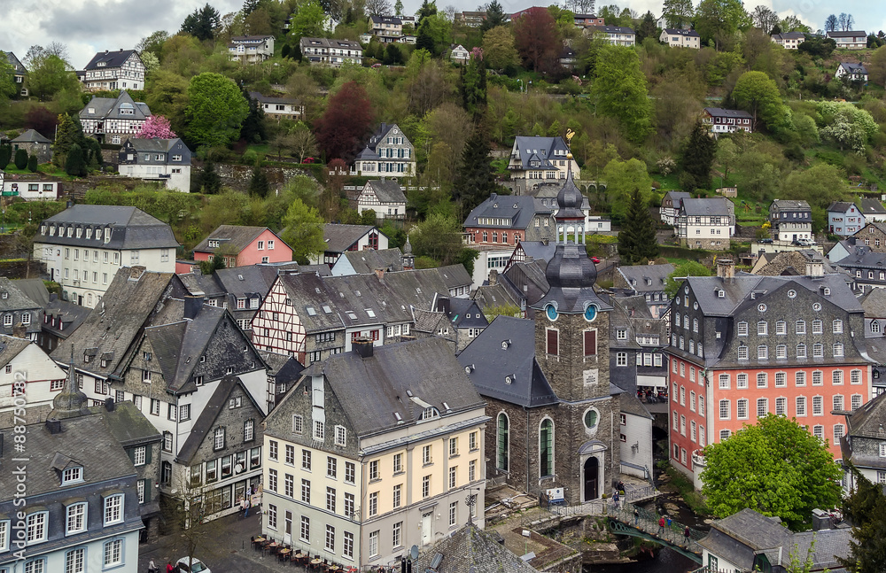 view of Monschau town centre from hill, Germany