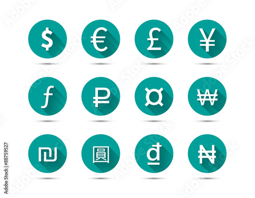 Isolated set of main currency signs flat icons with long shadow