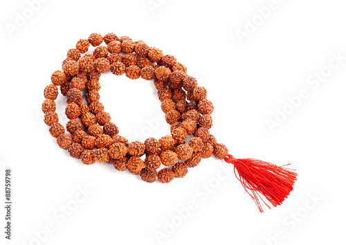 Rudraksha rosary in a female hand. Japa mala.