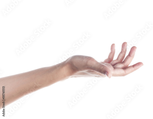 Female hand to create a collage, isolated on white